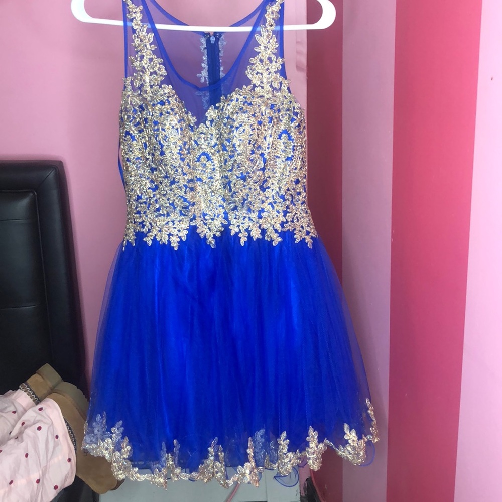 Royal blue mesh rhinestone floral details